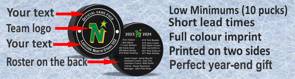 Team logo and roster hockey pucks